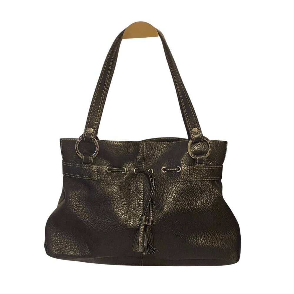 The SAK Pink Label Black Pebbled Leather Tasseled Drawstring  Shoulder Handbag